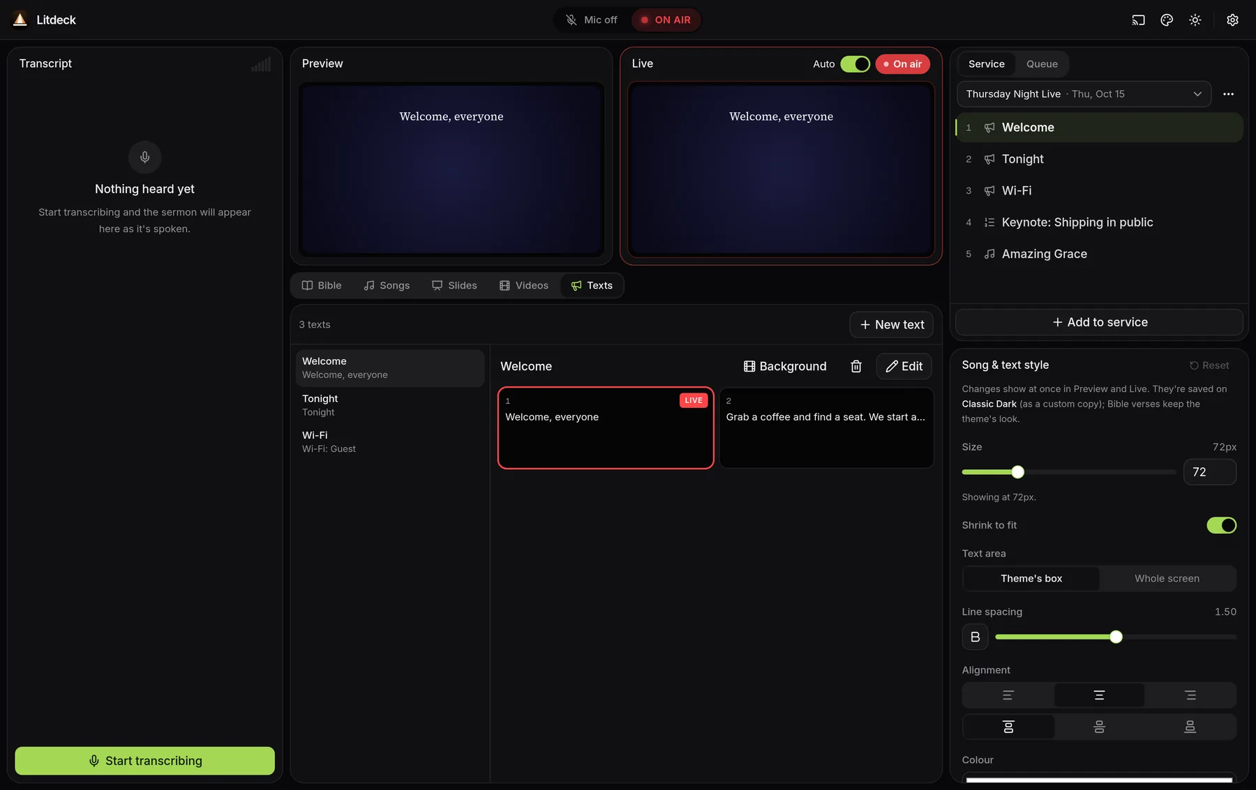 Litdeck with an evening event's running order on the right and its welcome slide on air in Preview and Live